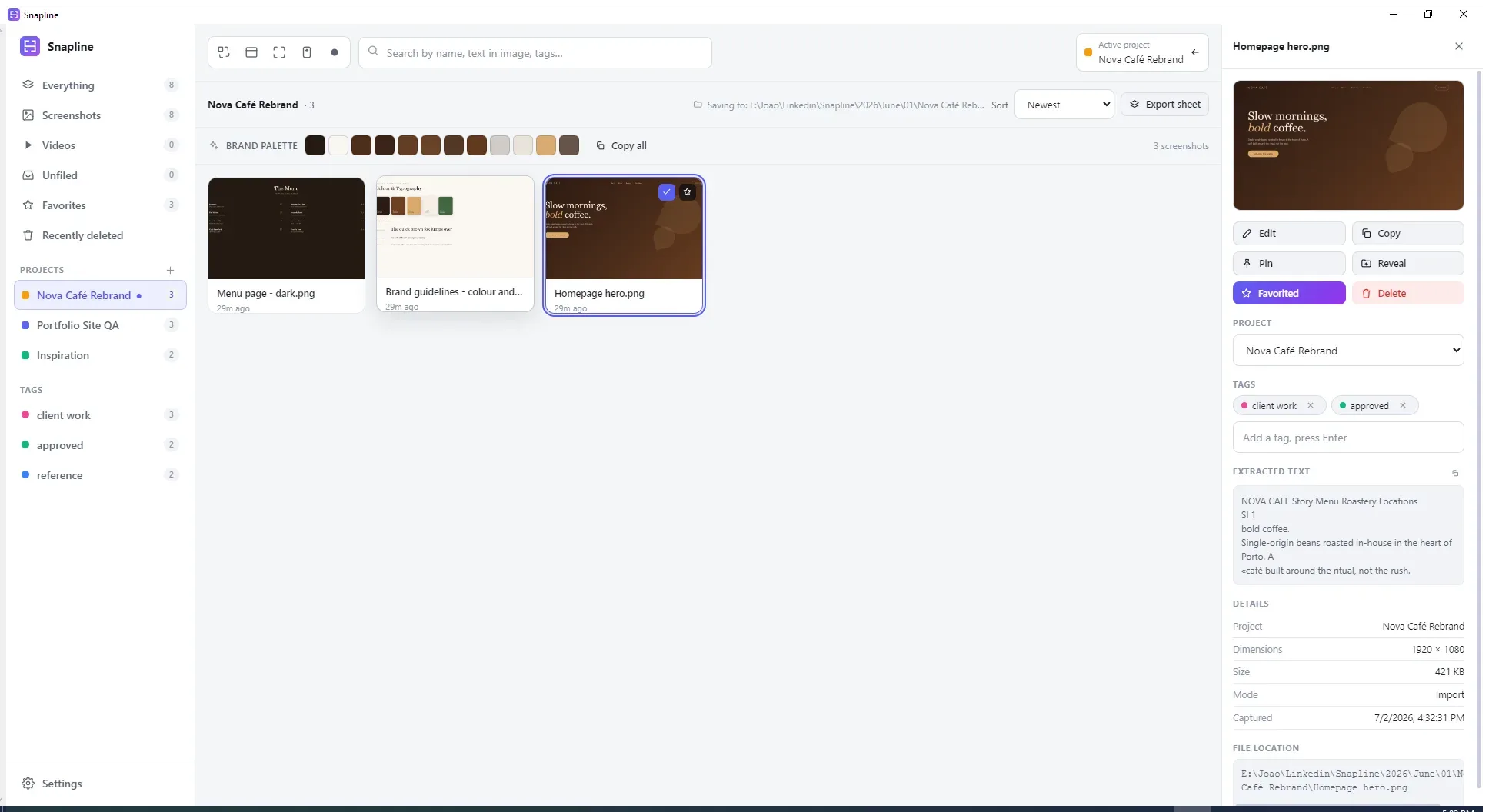 Snapline library: a project sidebar, a brand palette strip, and screenshot cards with a details panel showing extracted text and file location.