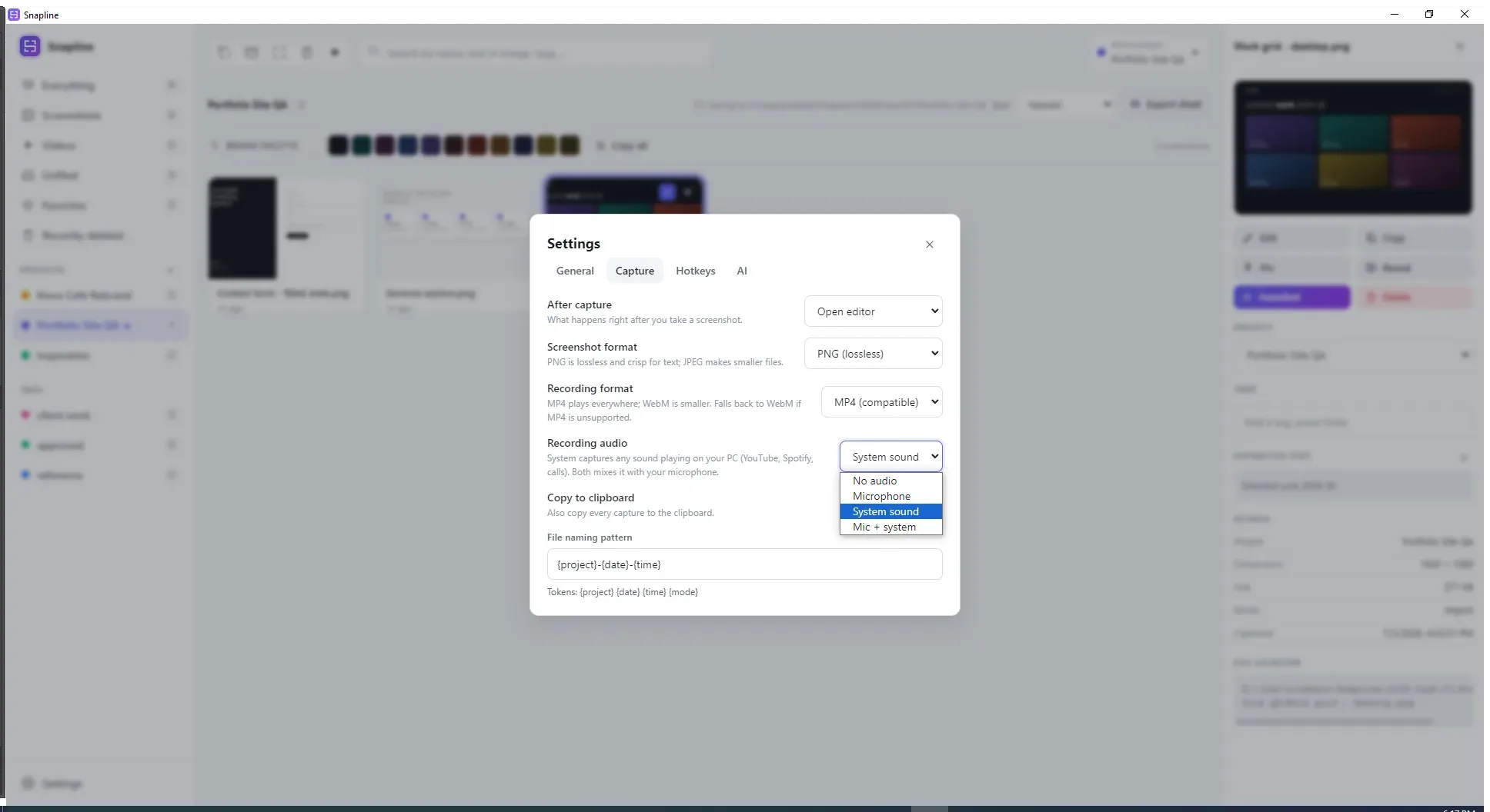 Snapline recording controls over a desktop, with source options for microphone and system audio.